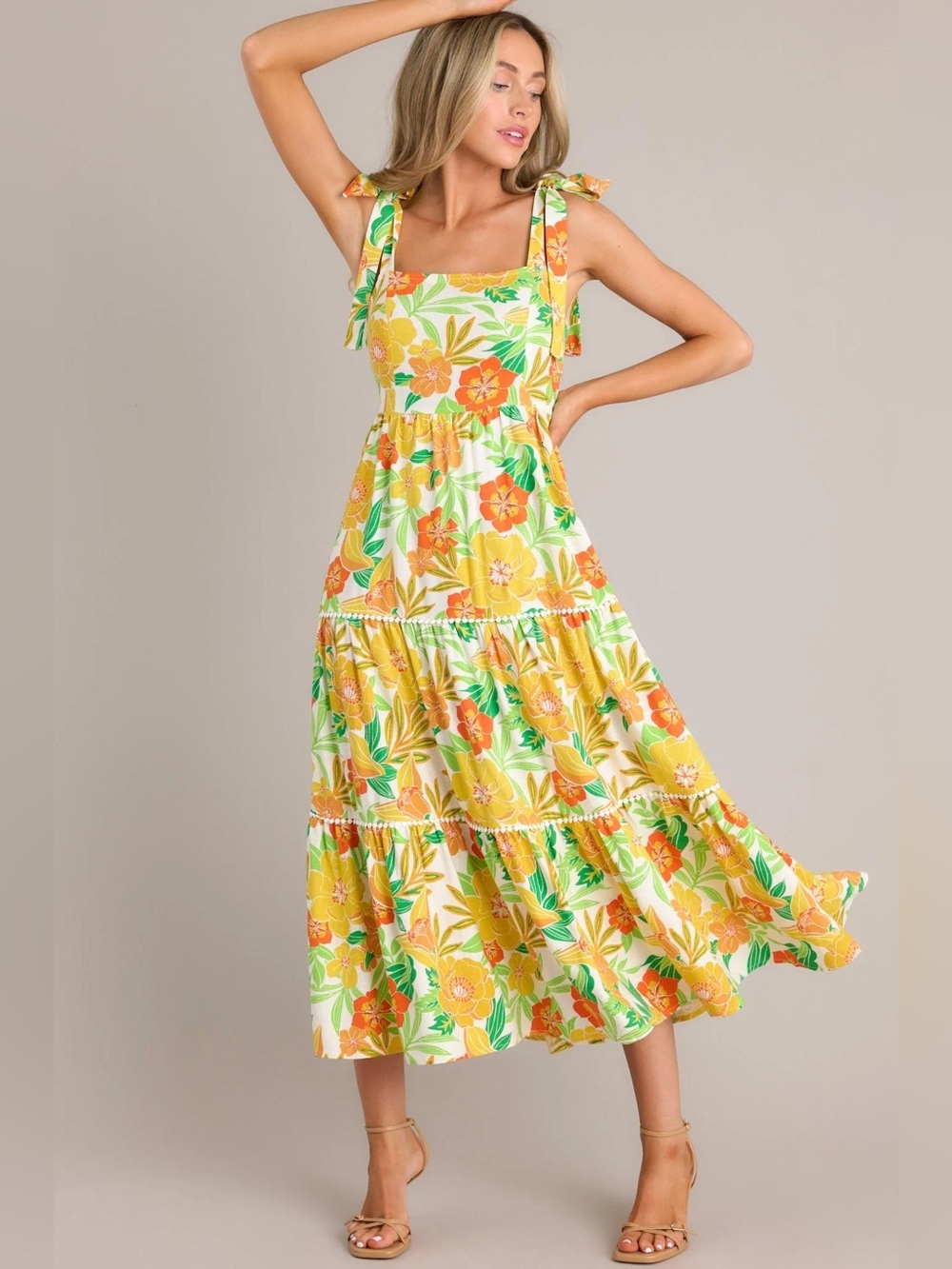Flying Tomatoe YELLOW FLORAL LINEN MAXI DRESS L